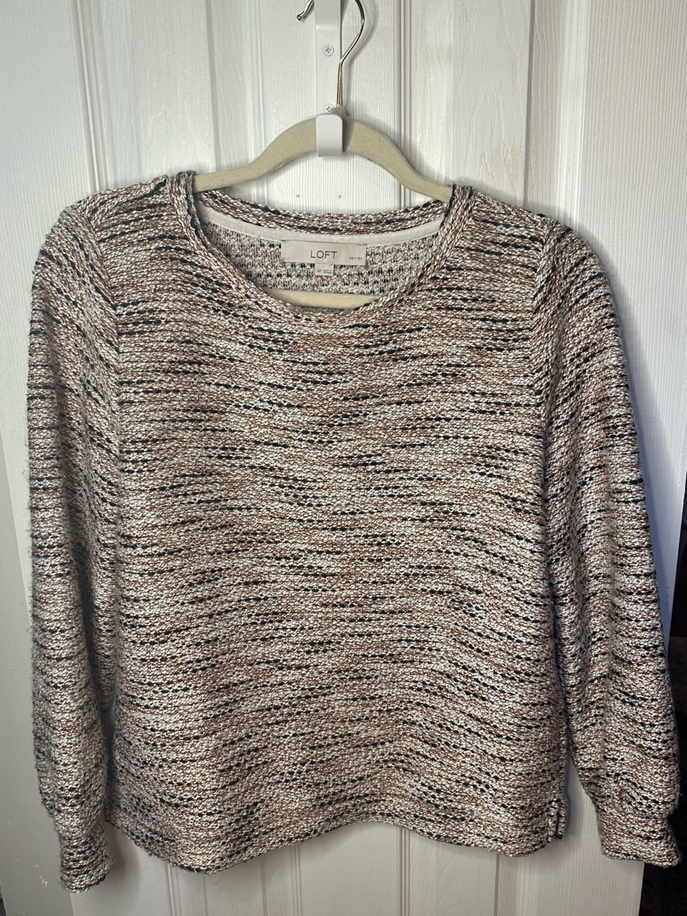 LOFT Marled Cream and Brown Crewneck Sweater